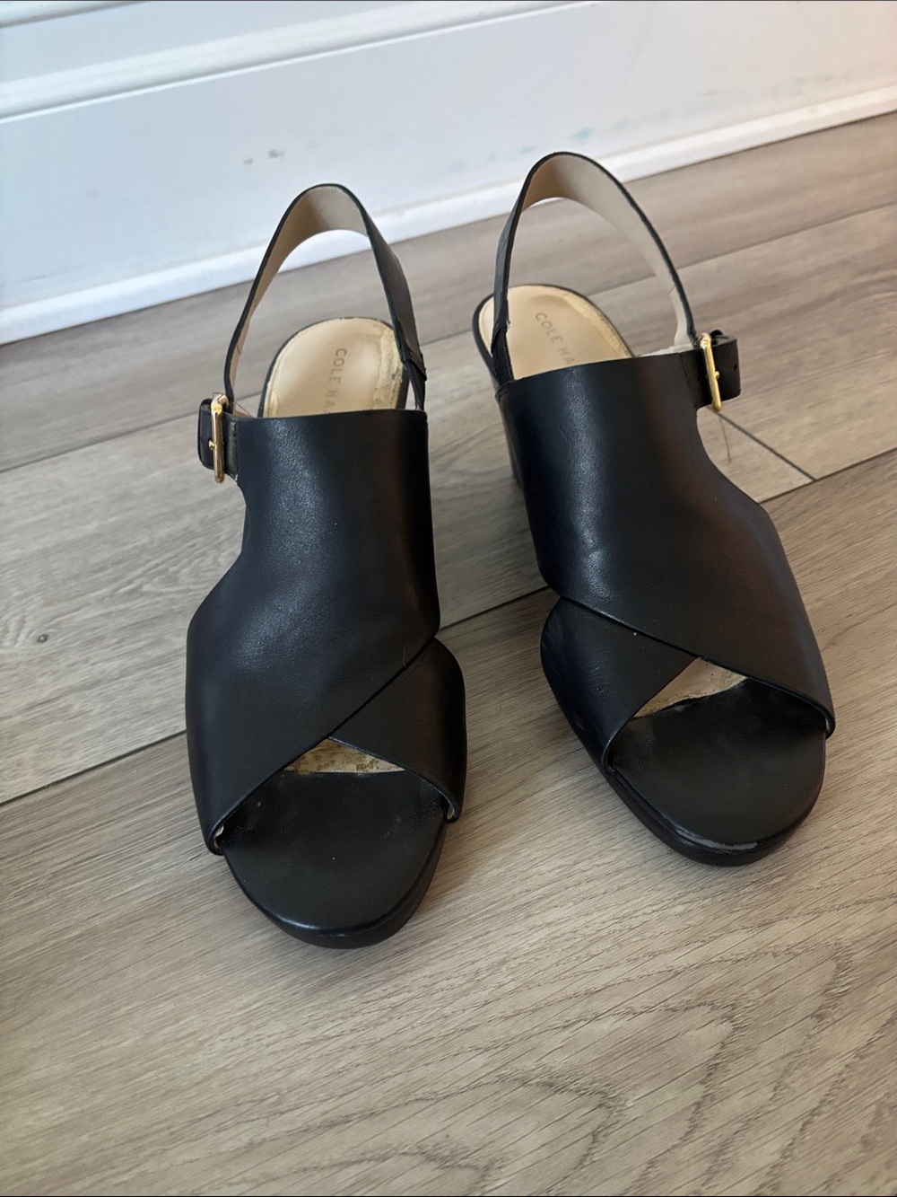 Cole Haan Black Leather Crisscross Slingback Sandals with Gold Buckle